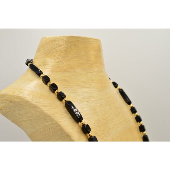 Trifari Black Beaded Necklace Statement Gold Geometric 32" Vintage Signed BinR - Picture 6 of 10